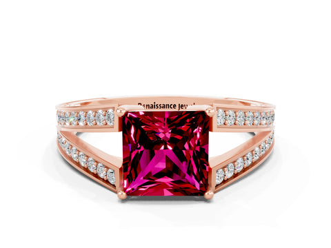 Rose gold Princess Cut Garnet Split Shank Ring with Pavé Band and Four-Prong Setting