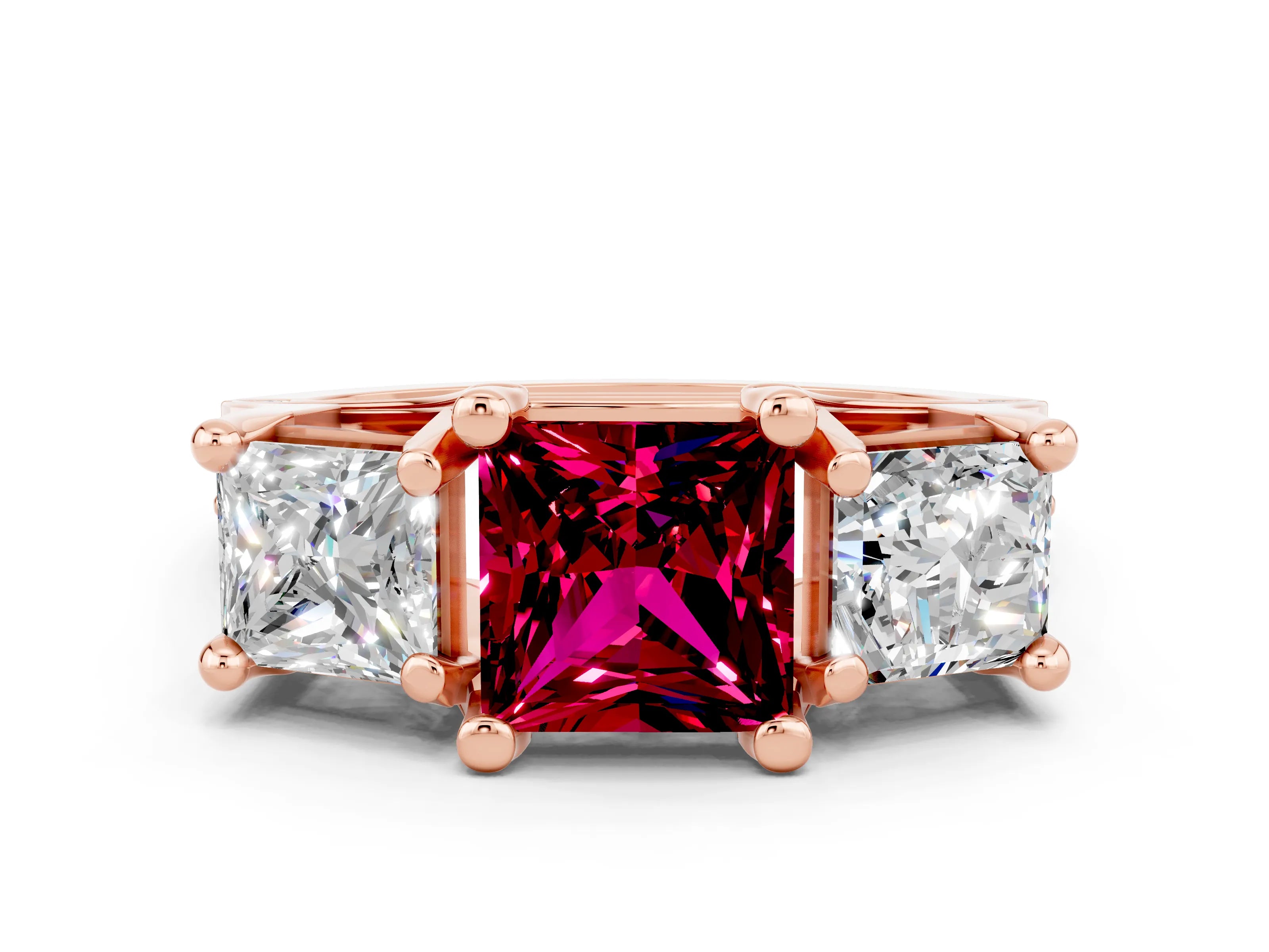Rose gold Princess Cut Garnet Three-Stone Ring with Channel Set Band and Four-Prong Setting