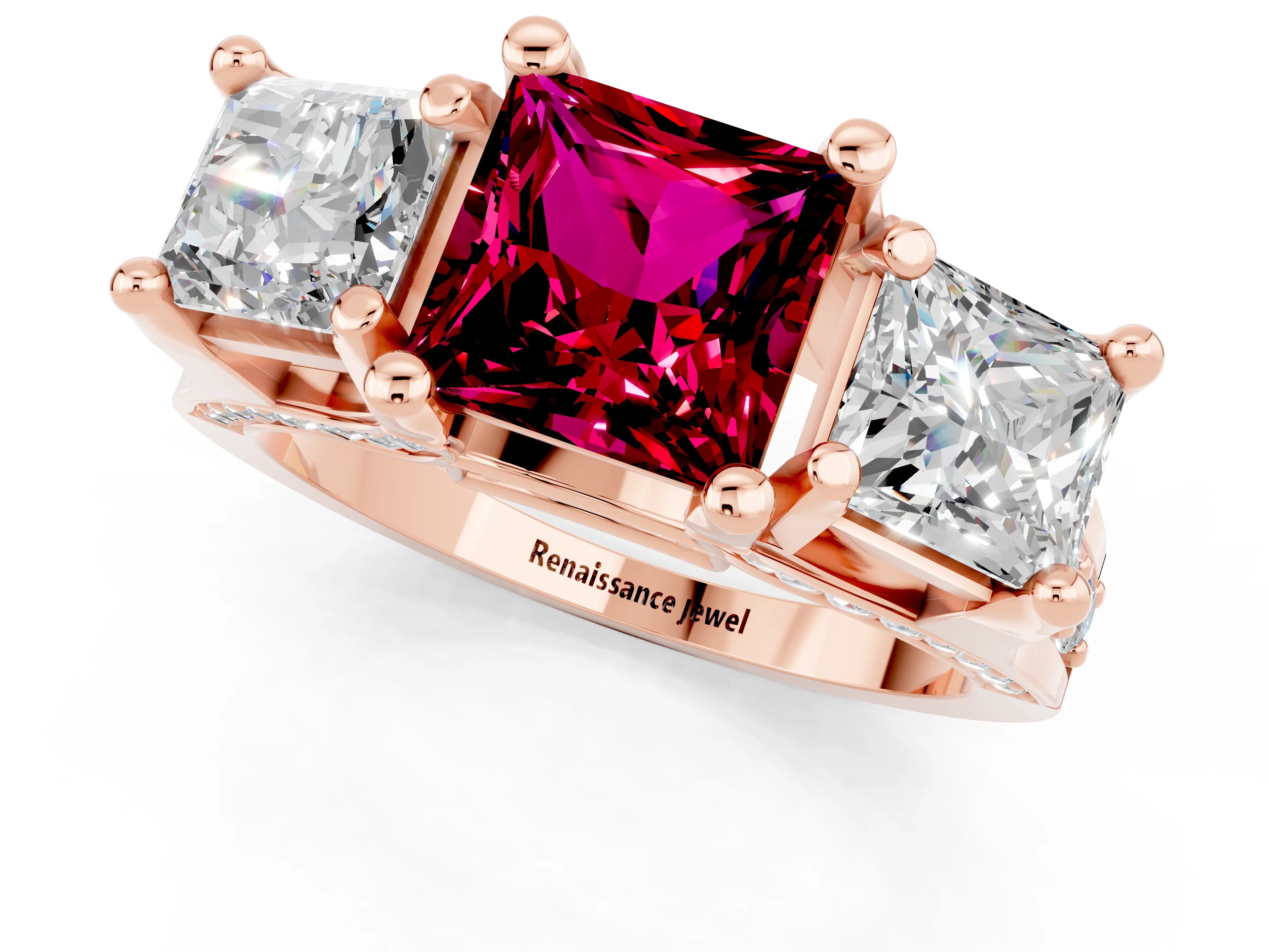 Rose gold Princess Cut Garnet Three-Stone Ring with Channel Set Band and Four-Prong Setting_1