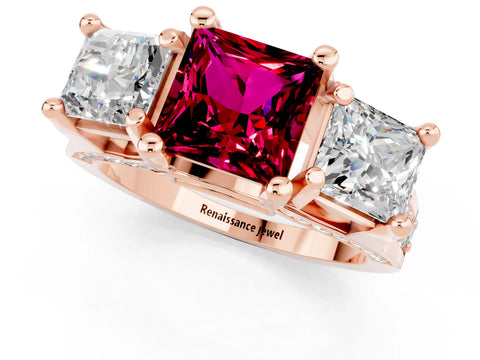 Rose gold Princess Cut Garnet Three-Stone Ring with Channel Set Band and Four-Prong Setting_1