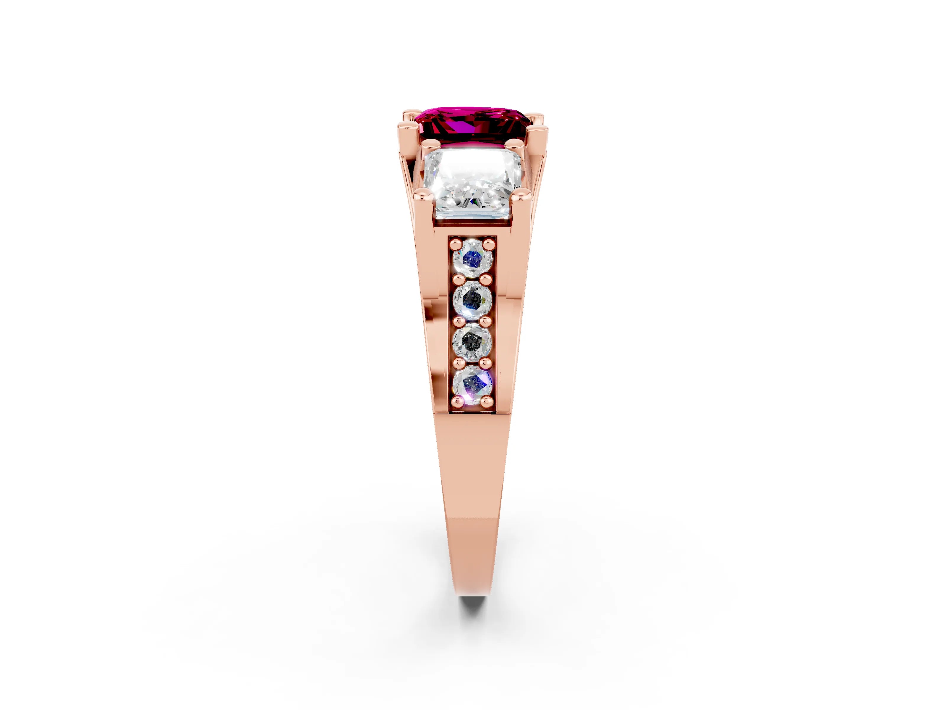 Rose gold Princess Cut Garnet Three-Stone Ring with Channel Set Band and Four-Prong Setting_2