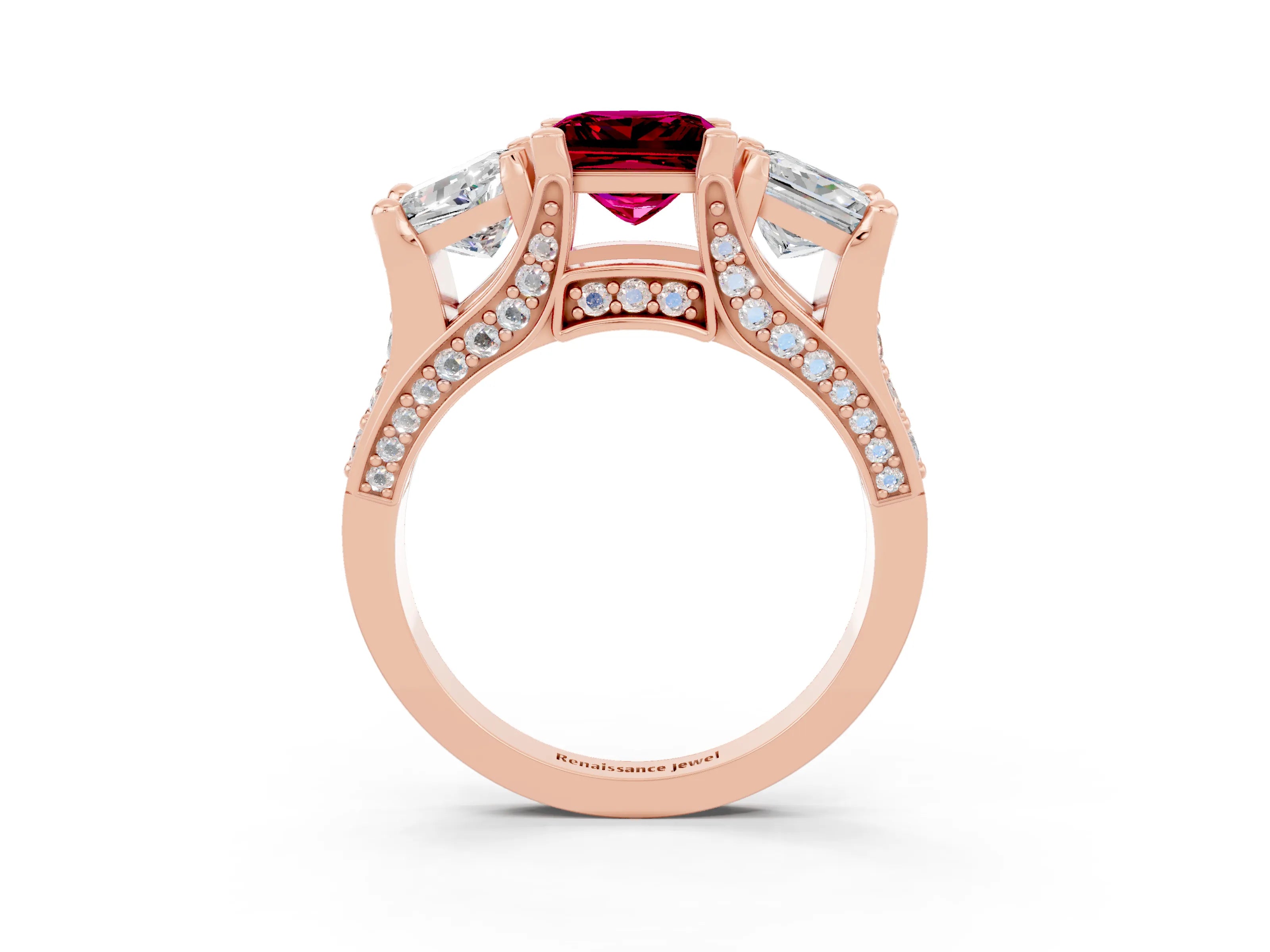 Rose gold Princess Cut Garnet Three-Stone Ring with Channel Set Band and Four-Prong Setting_3