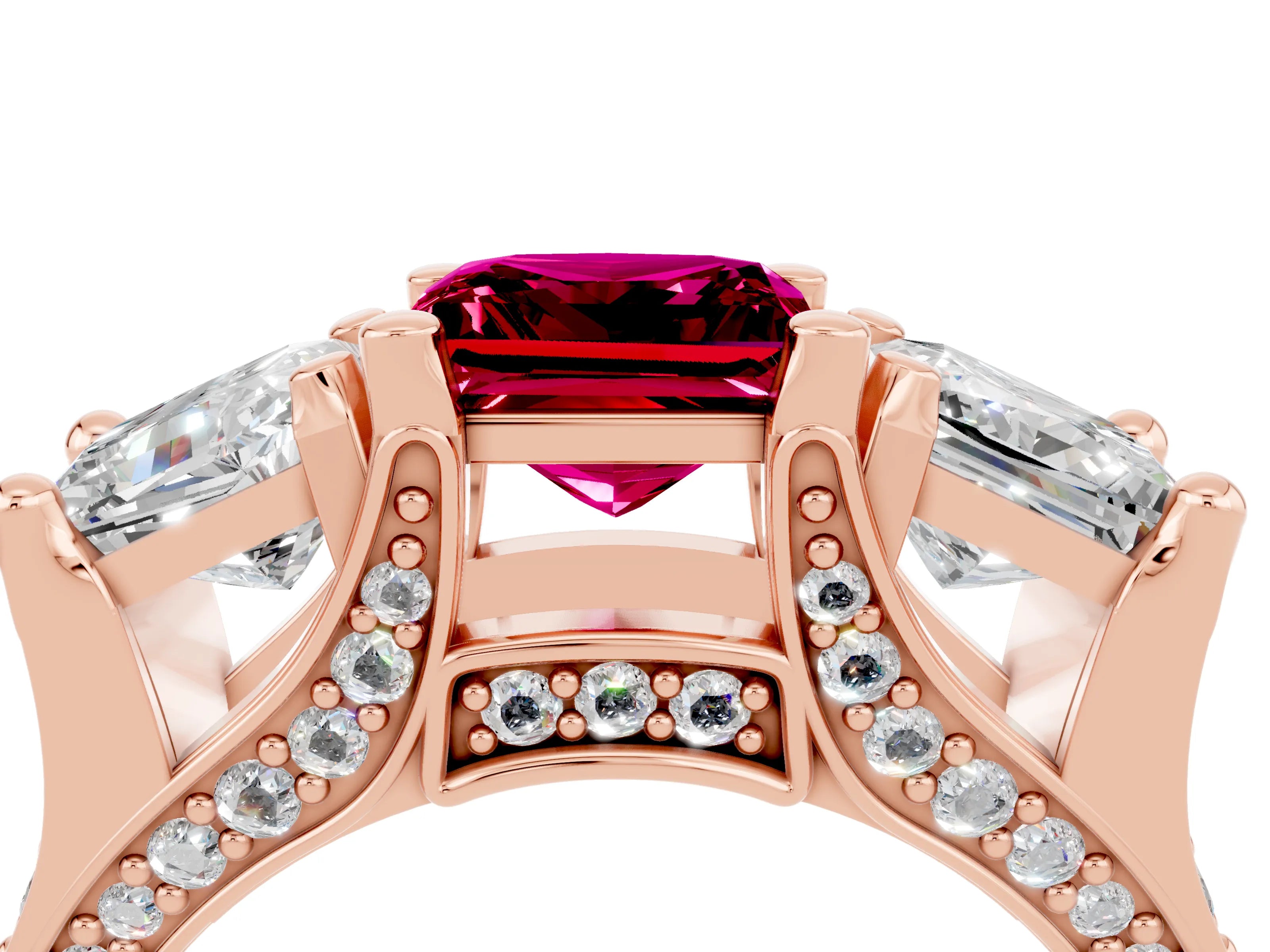 Rose gold Princess Cut Garnet Three-Stone Ring with Channel Set Band and Four-Prong Setting_4