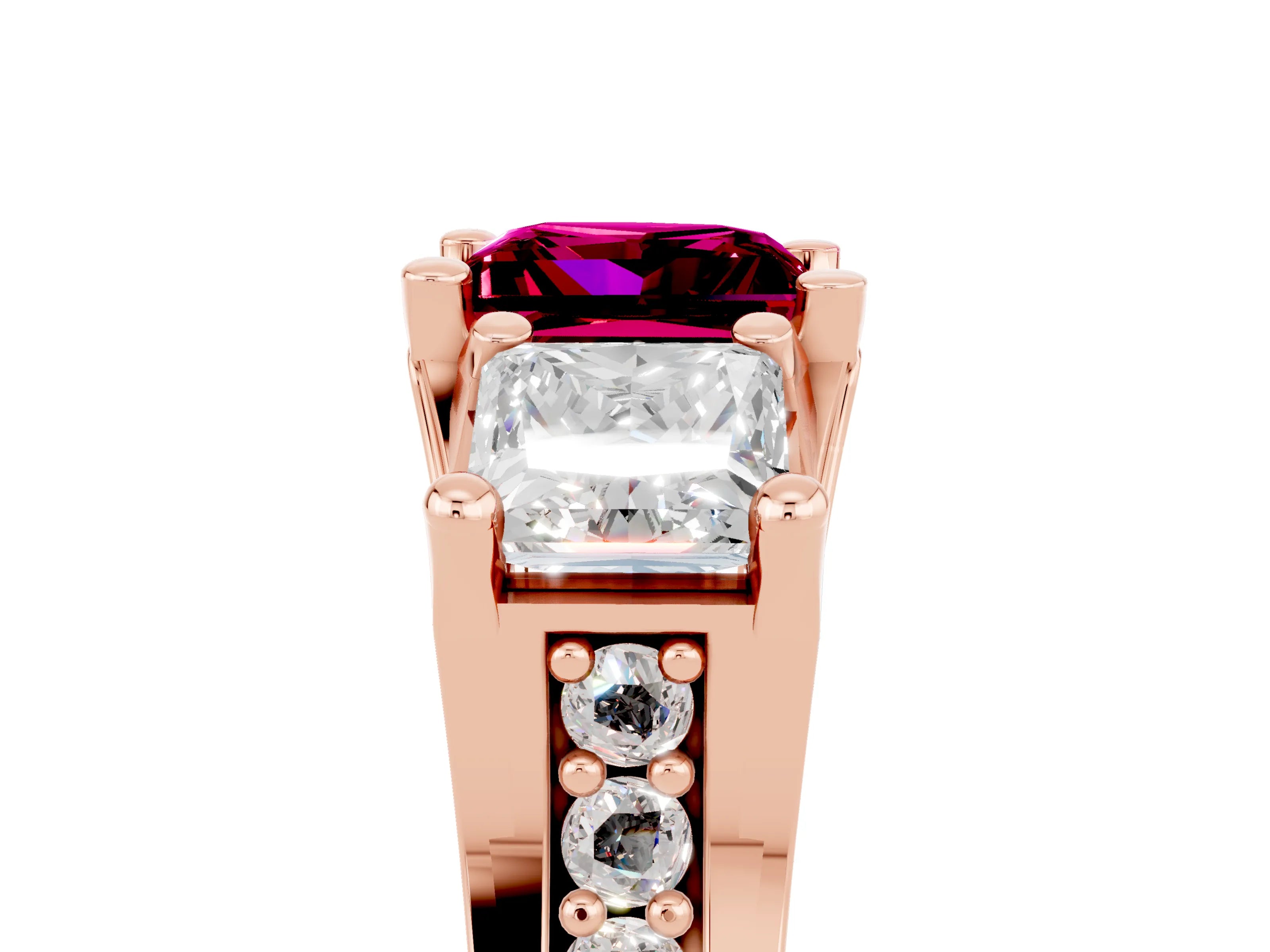 Rose gold Princess Cut Garnet Three-Stone Ring with Channel Set Band and Four-Prong Setting_5