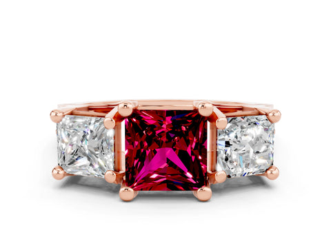 Rose gold Princess Cut Garnet Three-Stone Ring with Channel Set Band and Four-Prong Setting