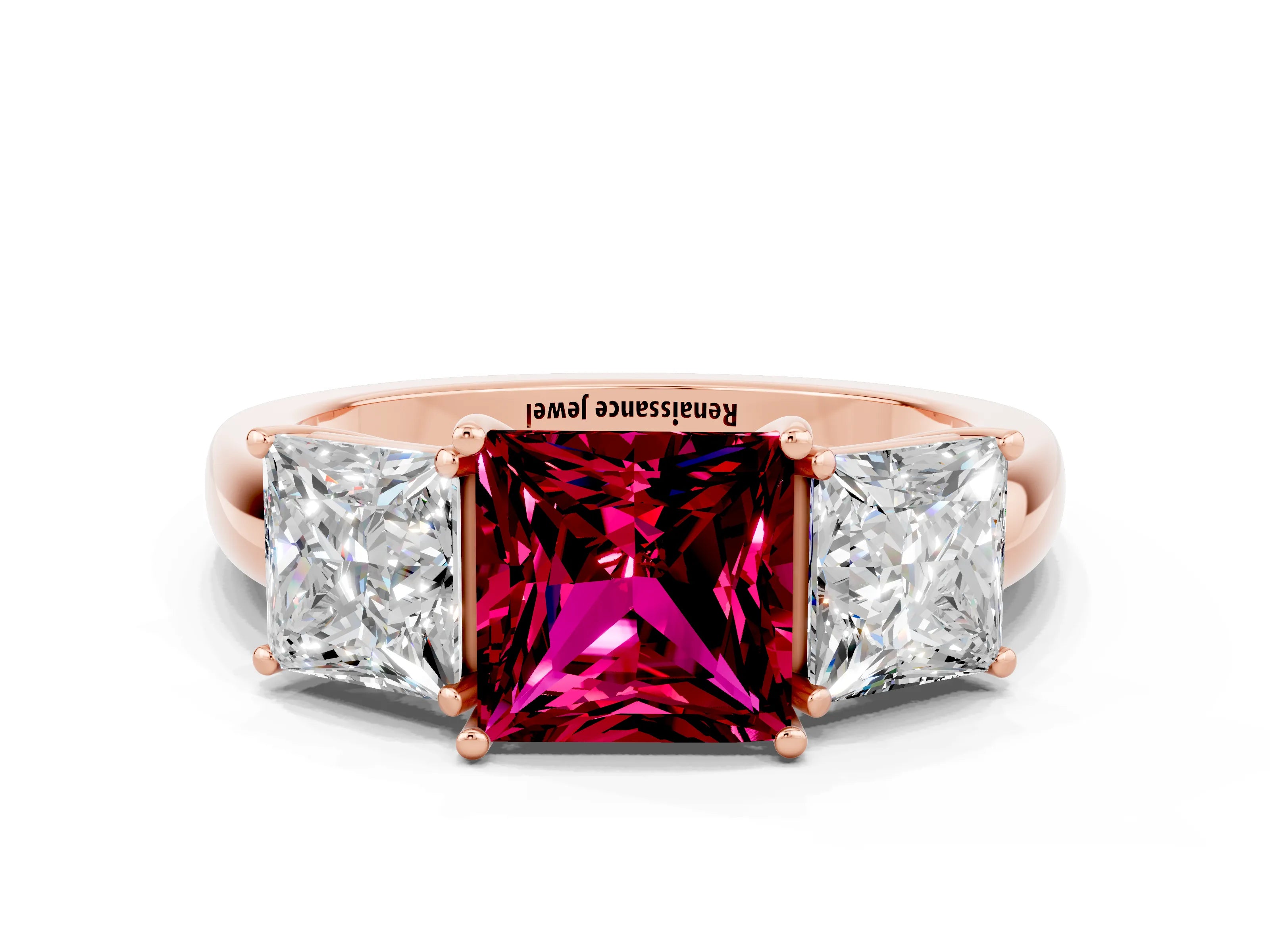 Rose gold Princess Cut Garnet Three-Stone Ring with Four-Prong Setting and Classic Band