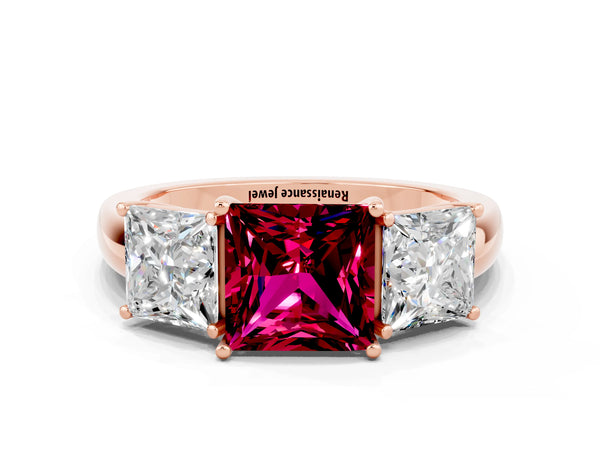 Rose gold Princess Cut Garnet Three-Stone Ring with Four-Prong Setting and Classic Band