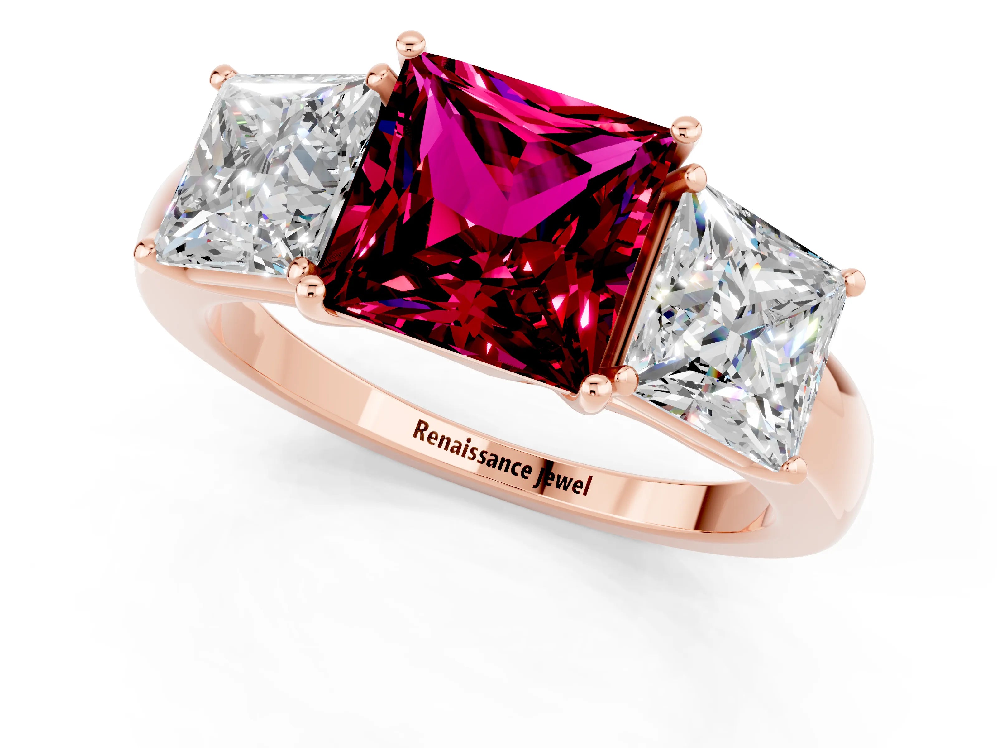 Rose gold Princess Cut Garnet Three-Stone Ring with Four-Prong Setting and Classic Band_1