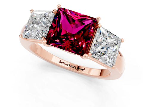 Rose gold Princess Cut Garnet Three-Stone Ring with Four-Prong Setting and Classic Band_1