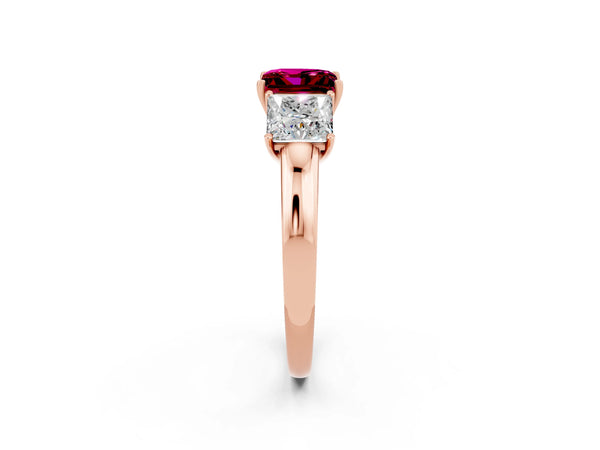 Rose gold Princess Cut Garnet Three-Stone Ring with Four-Prong Setting and Classic Band