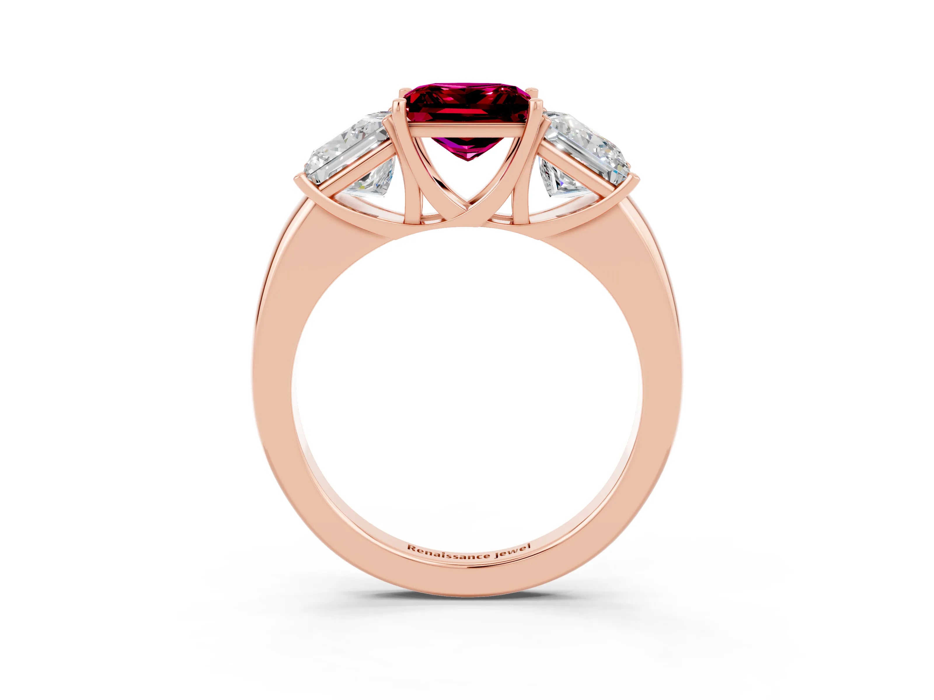Rose gold Princess Cut Garnet Three-Stone Ring with Four-Prong Setting and Classic Band_3
