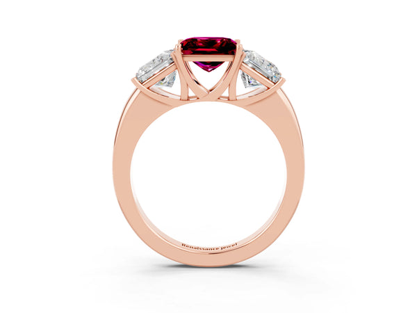 Rose gold Princess Cut Garnet Three-Stone Ring with Four-Prong Setting and Classic Band