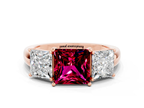 Rose gold Princess Cut Garnet Three-Stone Ring with Four-Prong Setting and Classic Band