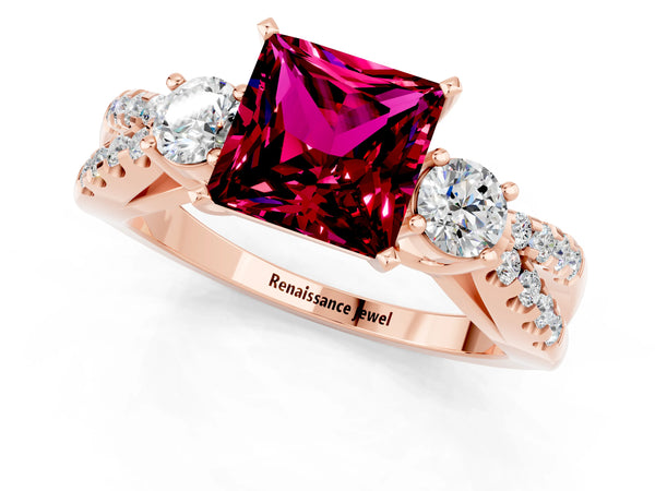 Rose gold Princess Cut Garnet Three-Stone Ring with Pavé Split Shank and Four-Prong Setting