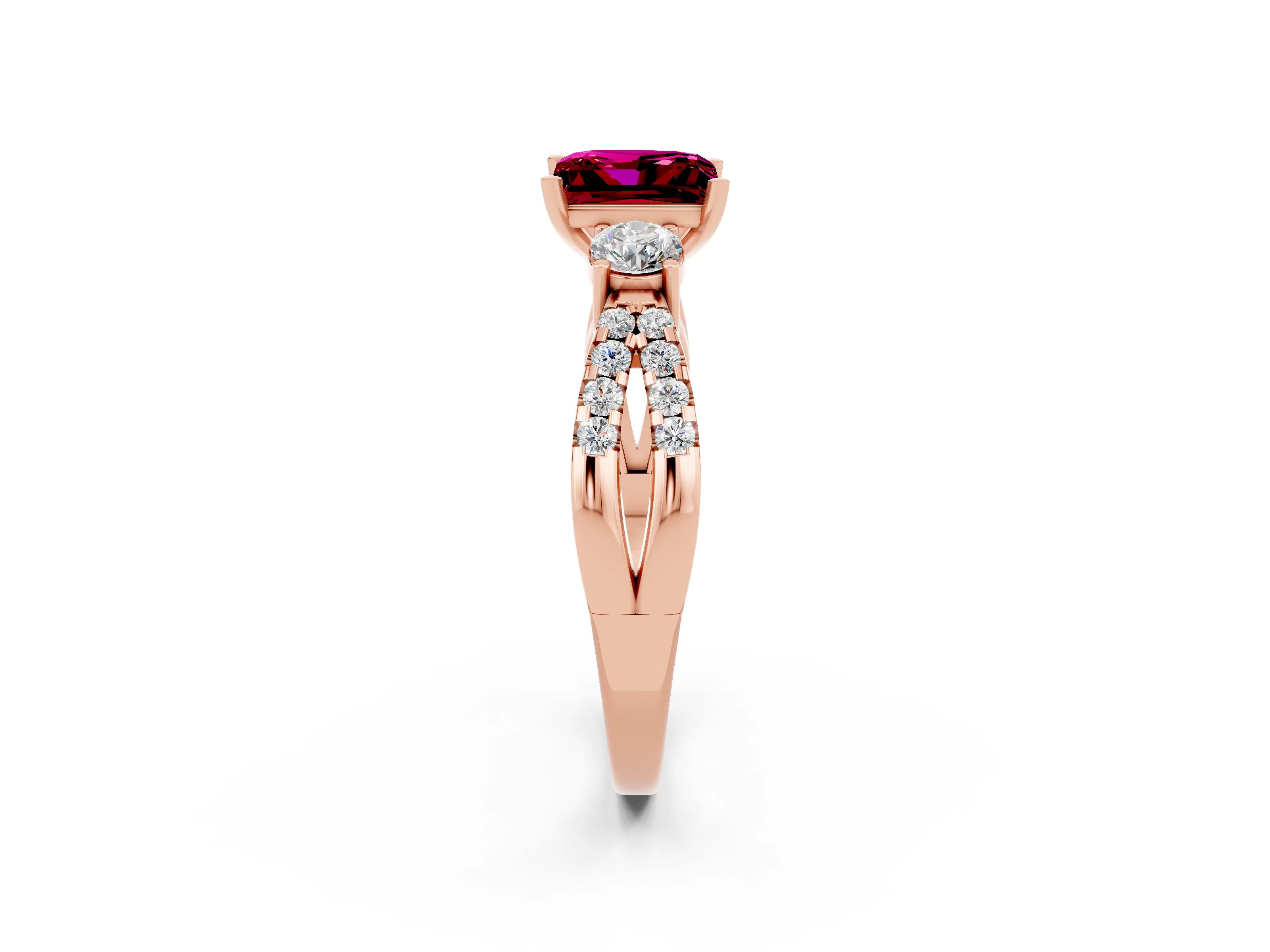 Rose gold Princess Cut Garnet Three-Stone Ring with Pavé Split Shank and Four-Prong Setting_2