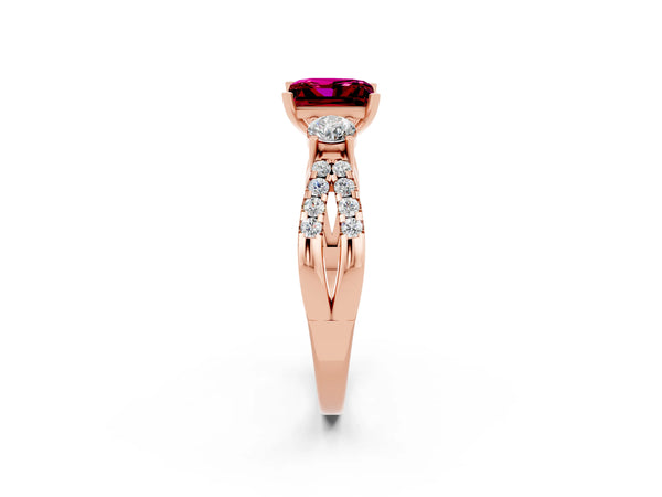 Rose gold Princess Cut Garnet Three-Stone Ring with Pavé Split Shank and Four-Prong Setting