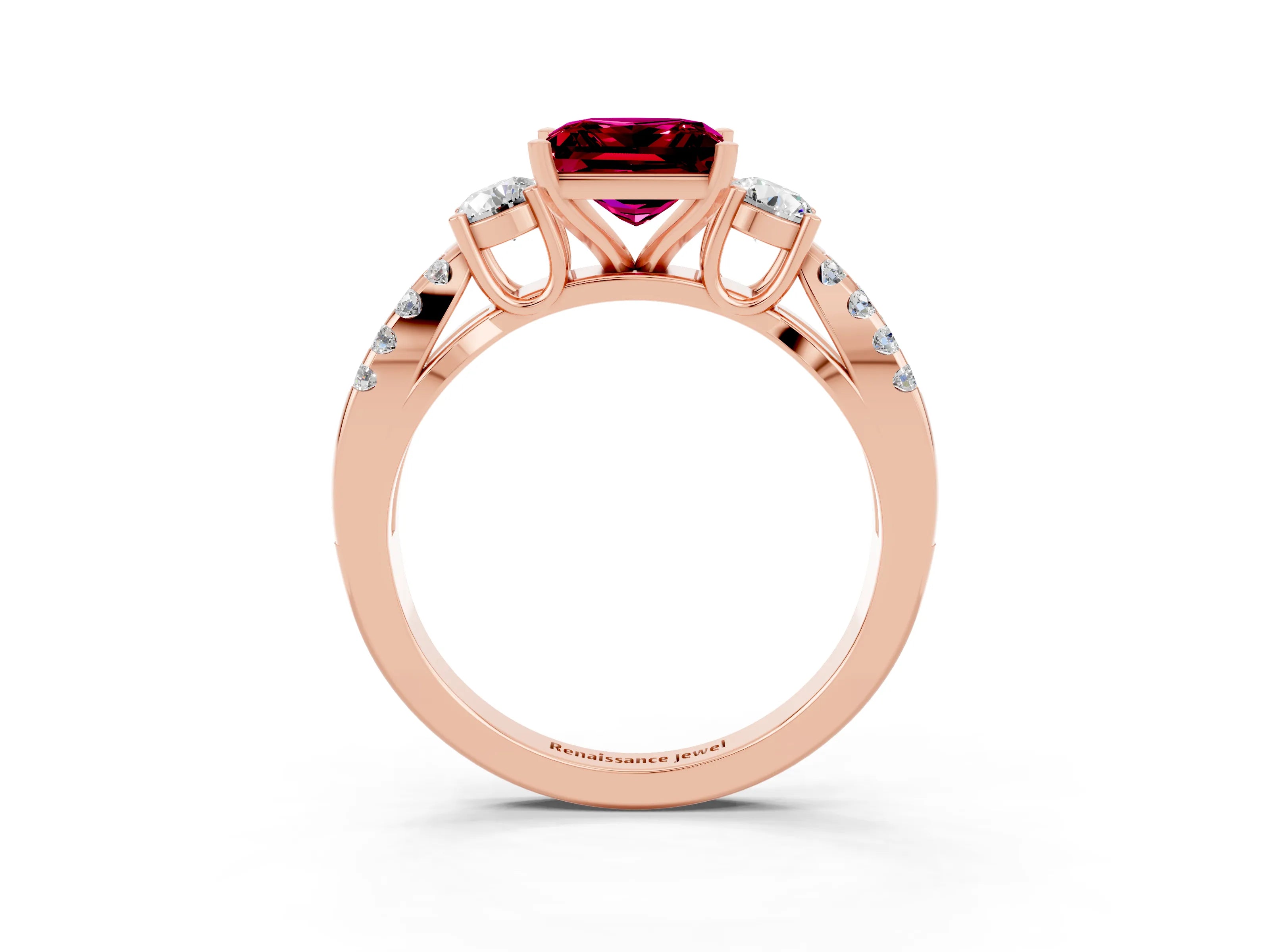 Rose gold Princess Cut Garnet Three-Stone Ring with Pavé Split Shank and Four-Prong Setting_3