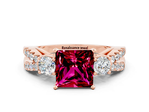 Rose gold Princess Cut Garnet Three-Stone Ring with Pavé Split Shank and Four-Prong Setting