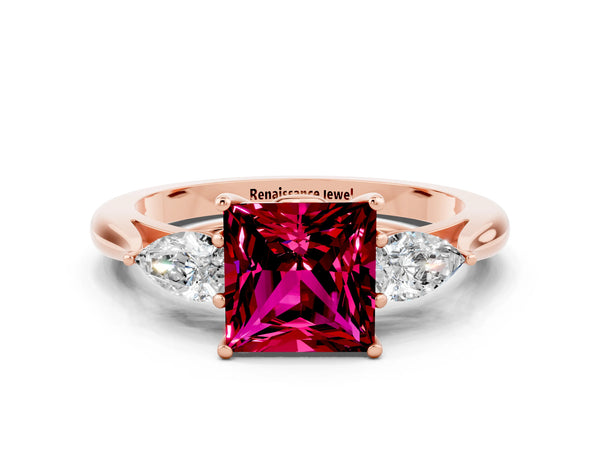Rose gold Princess Cut Garnet Three-Stone Ring with Pear  Side Stones and Prong Setting