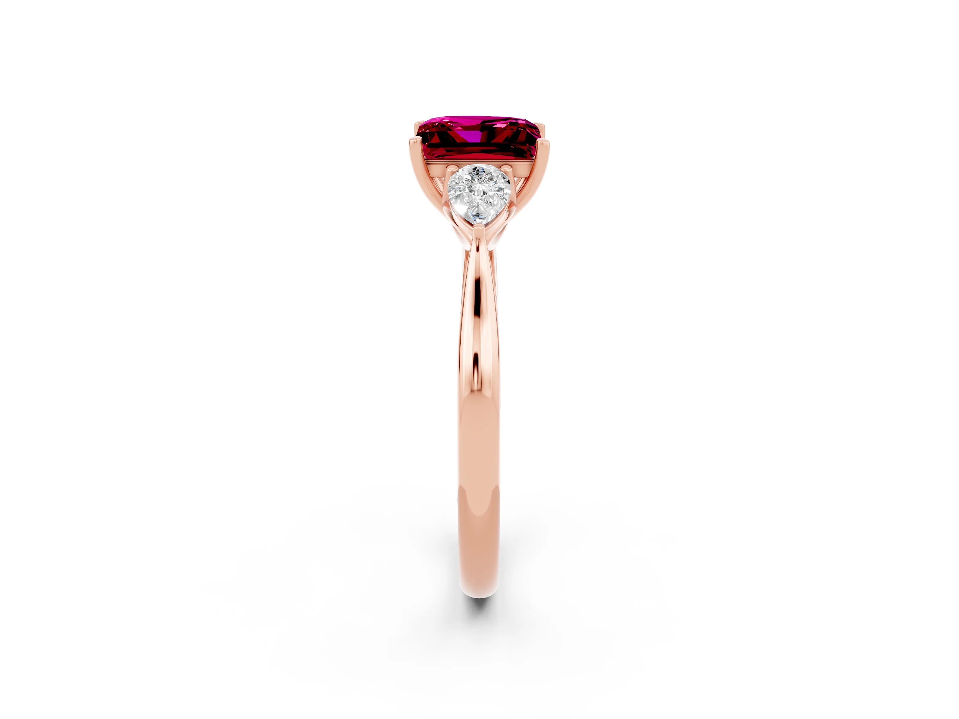 Rose gold Princess Cut Garnet Three-Stone Ring with Pear Side Stones and Four-Prong Setting_14