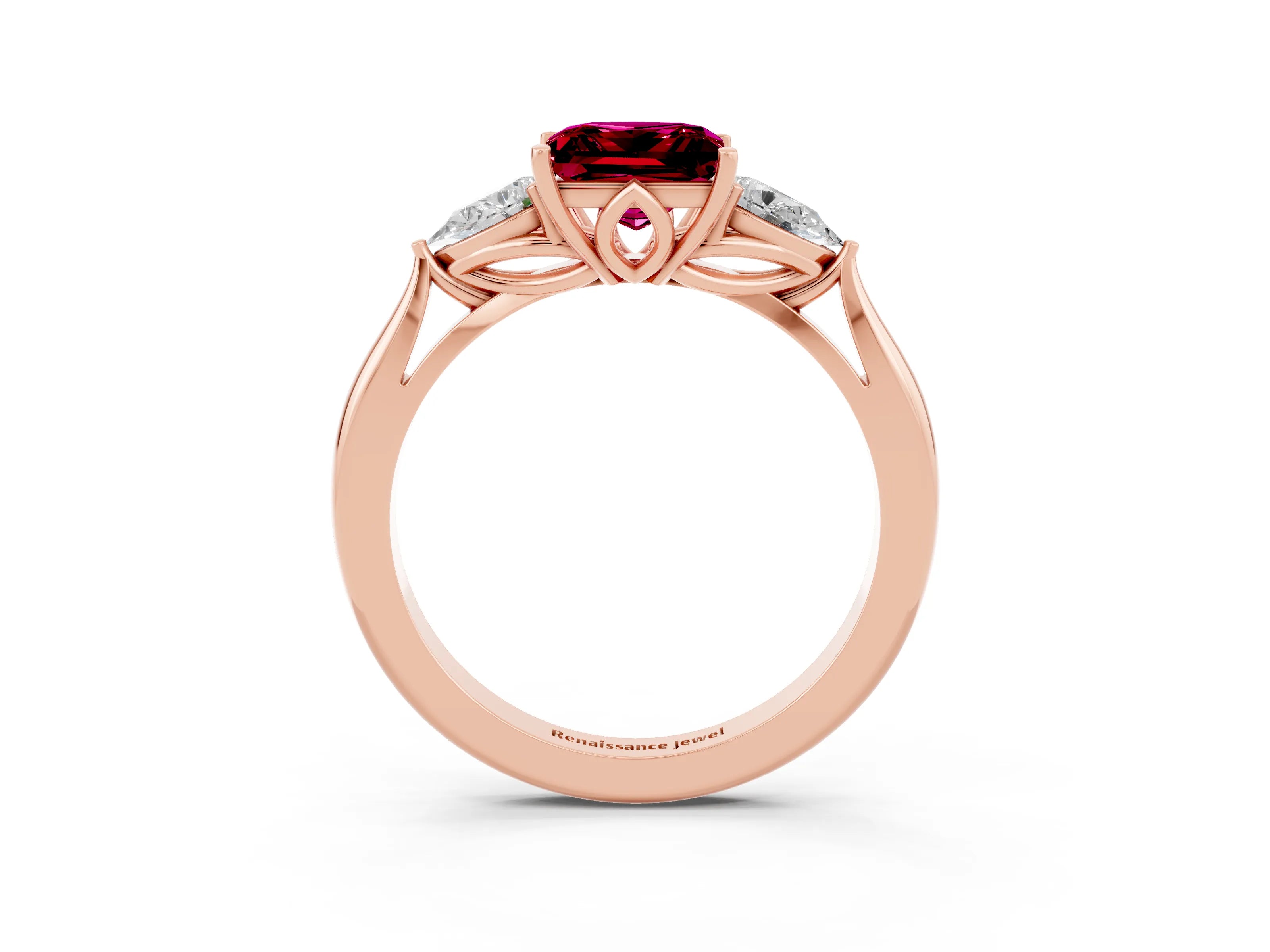 Rose gold Princess Cut Garnet Three-Stone Ring with Pear Side Stones and Four-Prong Setting_15