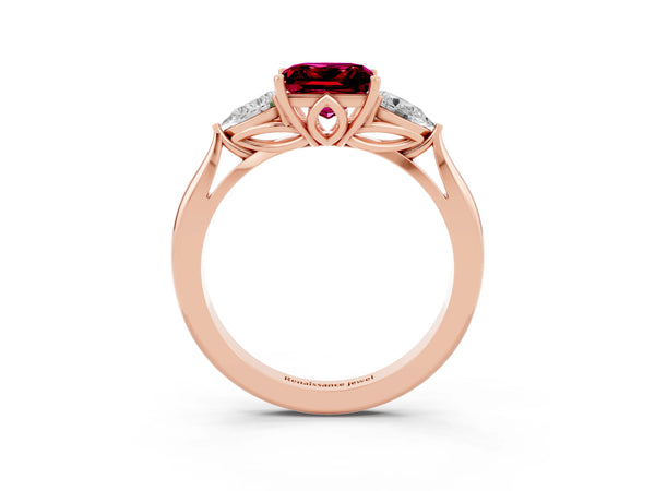 Rose gold Princess Cut Garnet Three-Stone Ring with Pear  Side Stones and Prong Setting