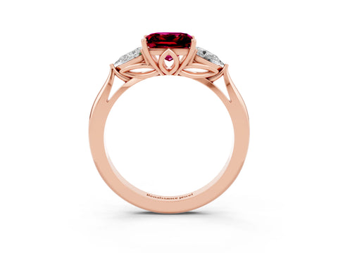 Rose gold Princess Cut Garnet Three-Stone Ring with Pear Side Stones and Four-Prong Setting_15