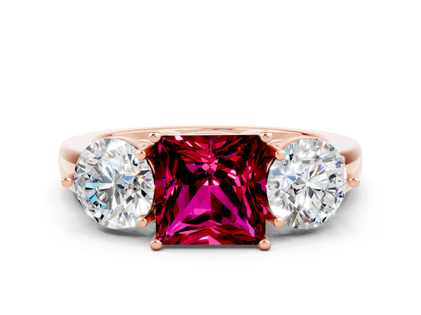 Rose gold Princess Cut Garnet Three-Stone Ring with Prong Setting and Classic Band