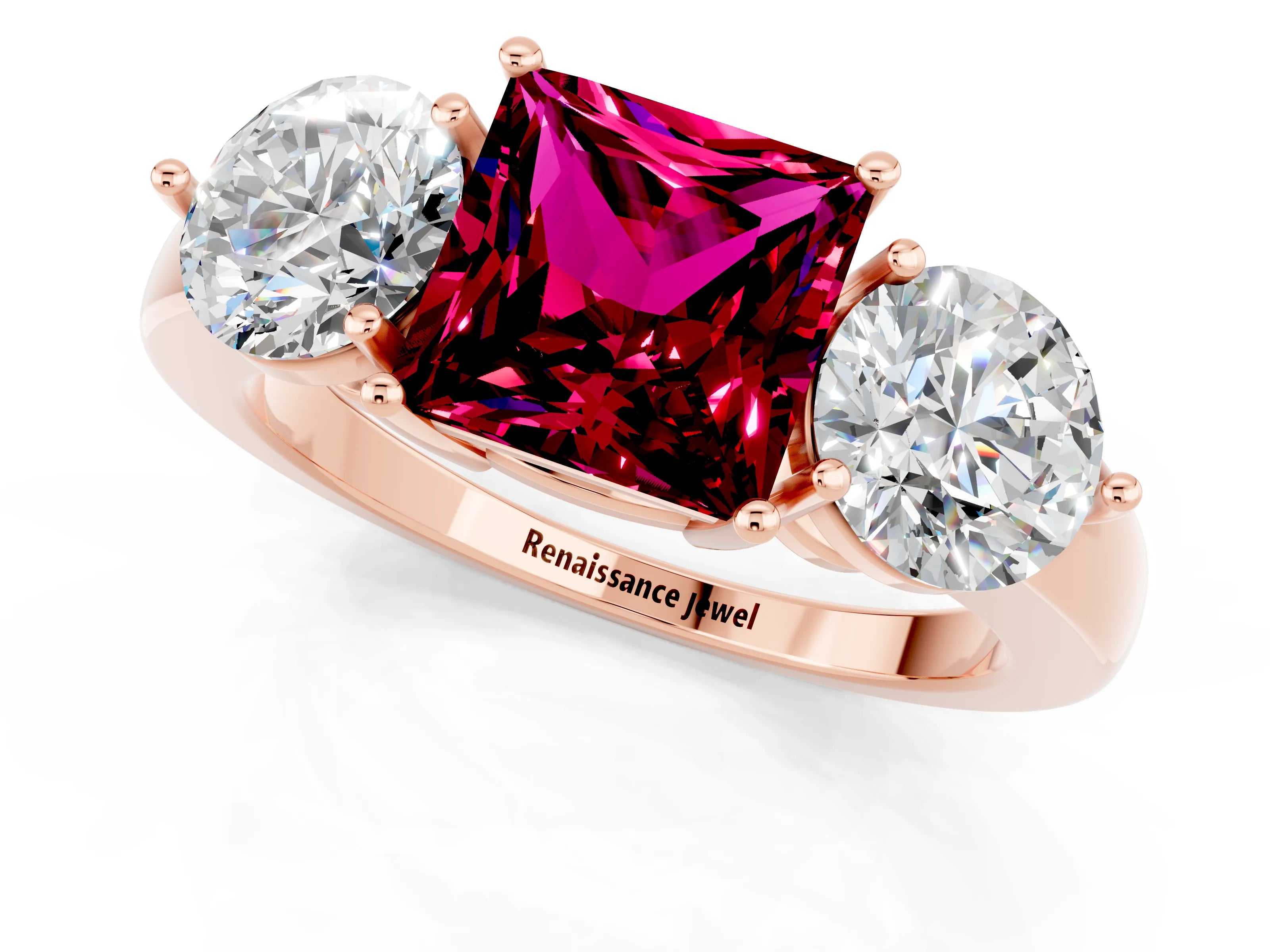 Rose gold Princess Cut Garnet Three-Stone Ring with Prong Setting and Classic Band_1