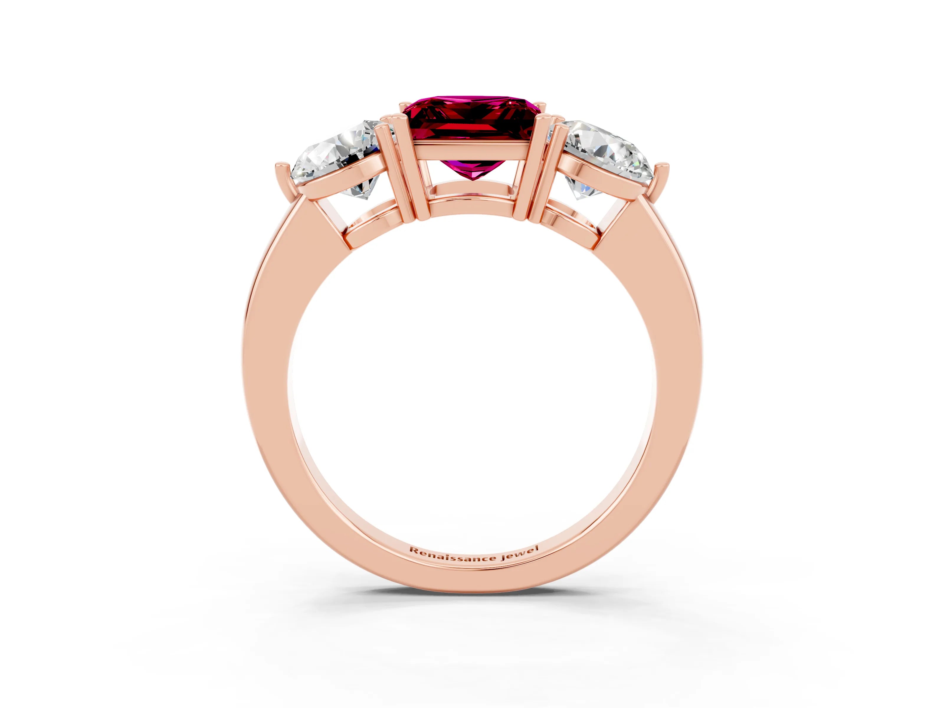 Rose gold Princess Cut Garnet Three-Stone Ring with Prong Setting and Classic Band_3