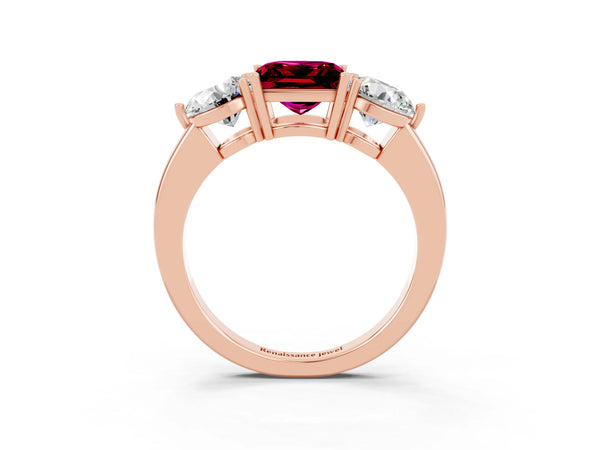 Rose gold Princess Cut Garnet Three-Stone Ring with Prong Setting and Classic Band