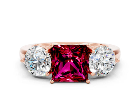 Rose gold Princess Cut Garnet Three-Stone Ring with Prong Setting and Classic Band