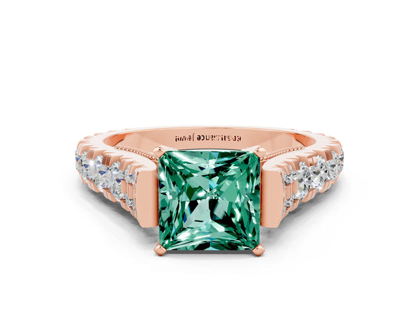 Rose gold Princess Cut Green Sapphire Classic Solitaire Ring with Pavé Band and Four-Prong Setting