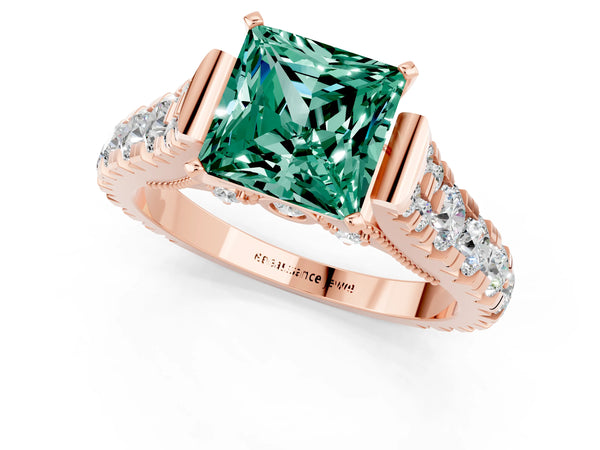 Rose gold Princess Cut Green Sapphire Classic Solitaire Ring with Pavé Band and Four-Prong Setting
