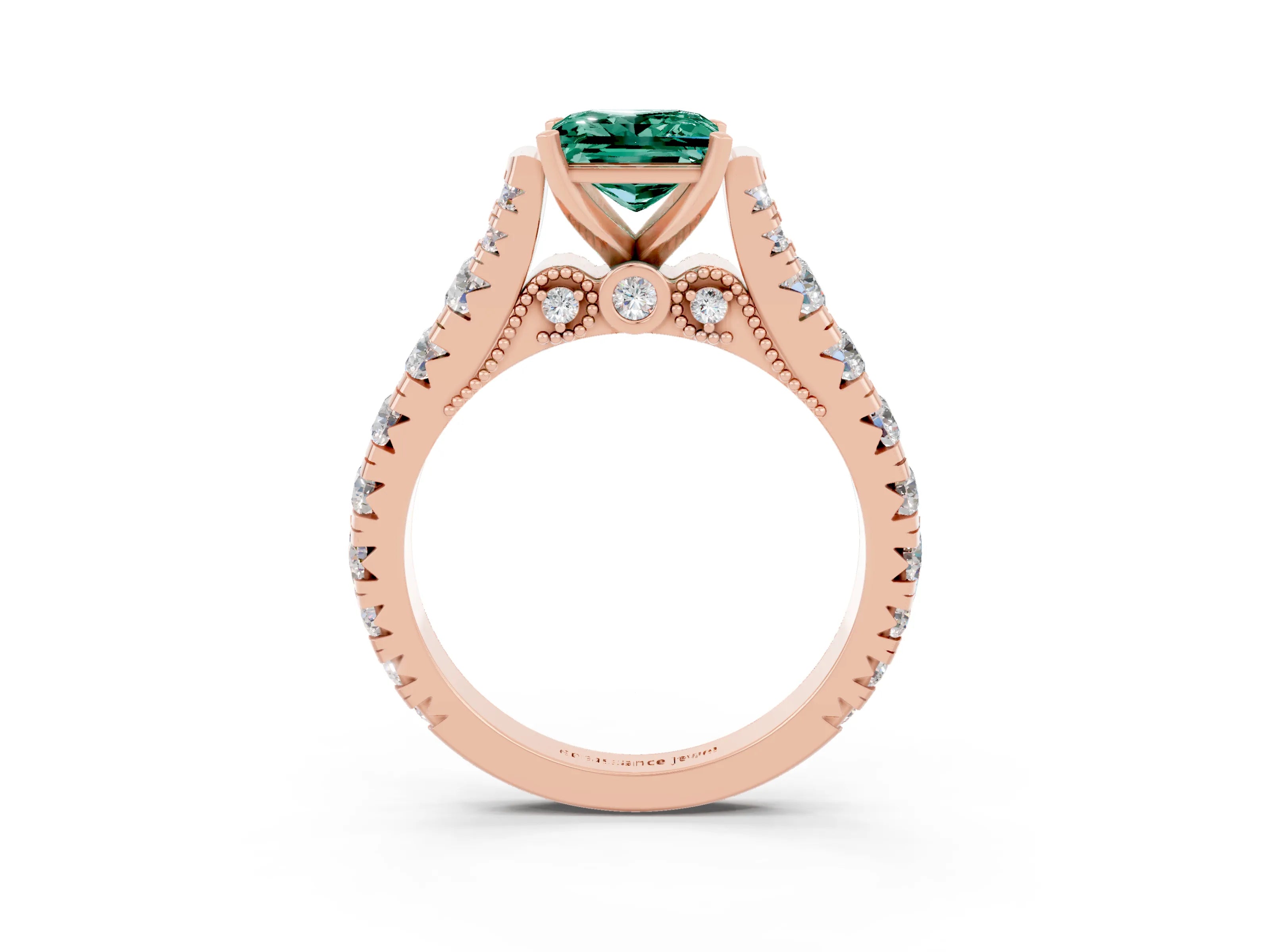 Rose gold Princess Cut Green Sapphire Classic Solitaire Ring with Pavé Band and Four-Prong Setting_3