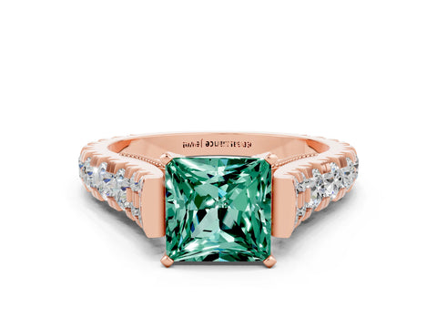 Rose gold Princess Cut Green Sapphire Classic Solitaire Ring with Pavé Band and Four-Prong Setting