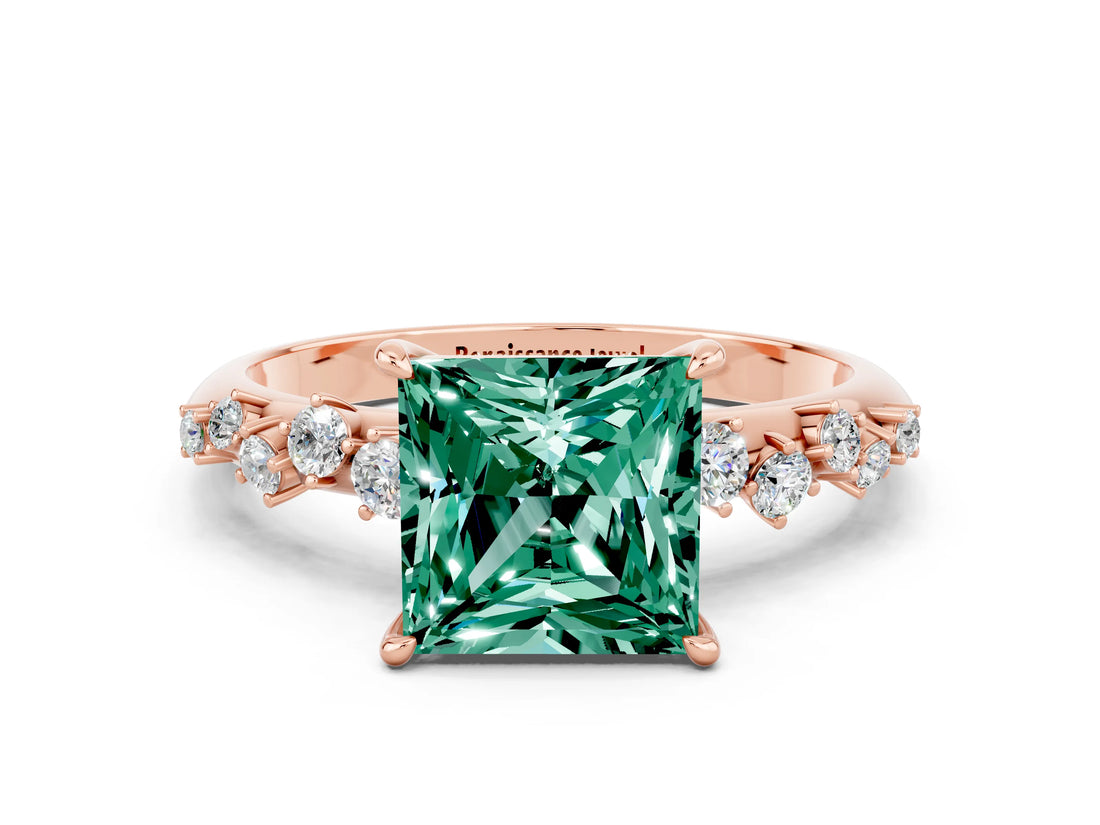 Rose gold Princess Cut Green Sapphire Cluster Side Stone Solitaire Ring with Prong Setting_25