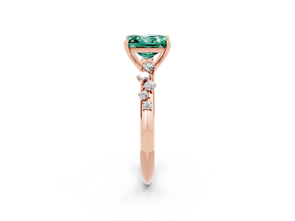 Rose gold Princess Cut Green Sapphire Cluster Side Stone Solitaire Ring with Prong Setting