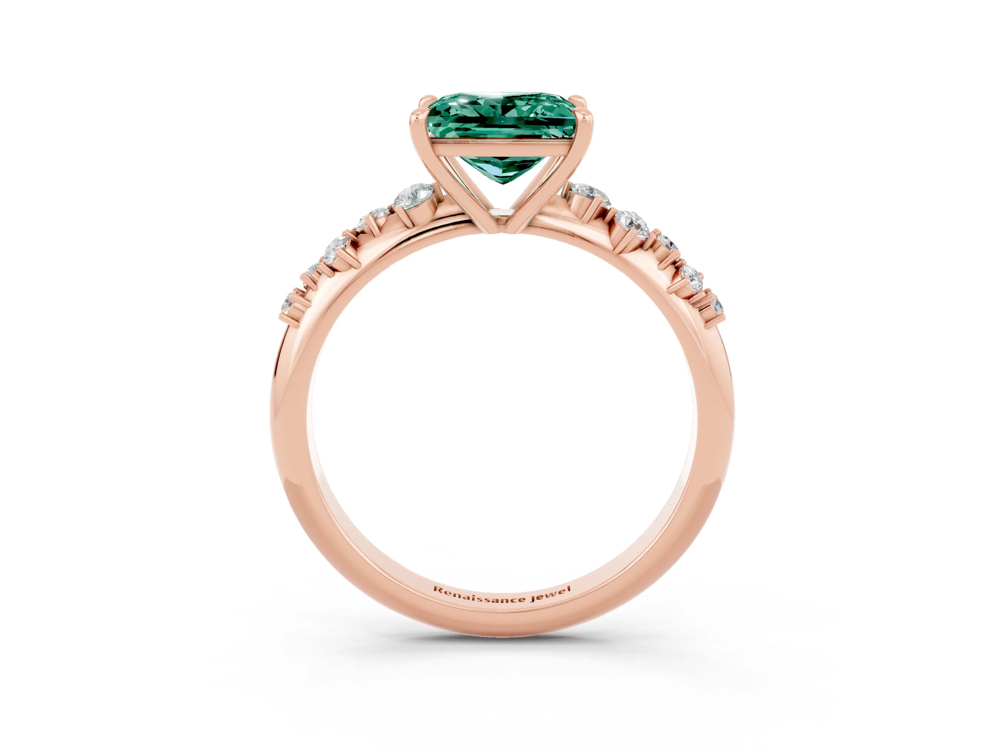 Rose gold Princess Cut Green Sapphire Cluster Side Stone Solitaire Ring with Prong Setting_28