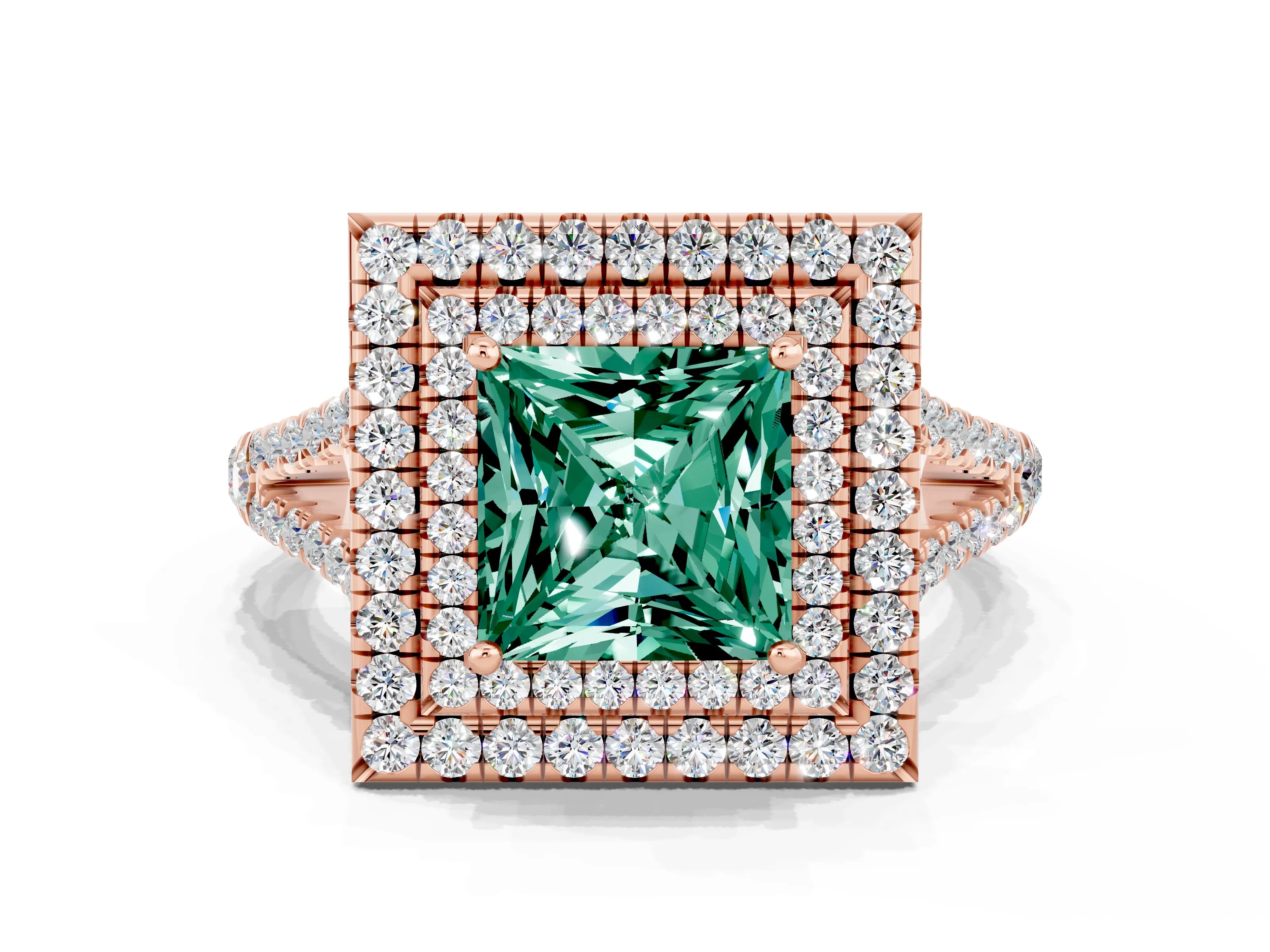 Rose gold Princess Cut Green Sapphire Double Halo Ring with Pavé Band and Prong Setting_12