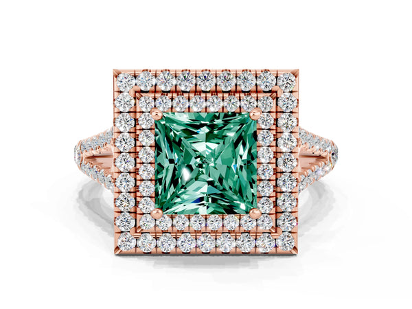 Rose gold Princess Cut Green Sapphire Double Halo Ring with Pavé Band and Prong Setting