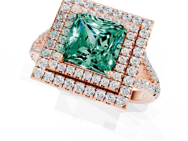 Rose gold Princess Cut Green Sapphire Double Halo Ring with Pavé Band and Prong Setting