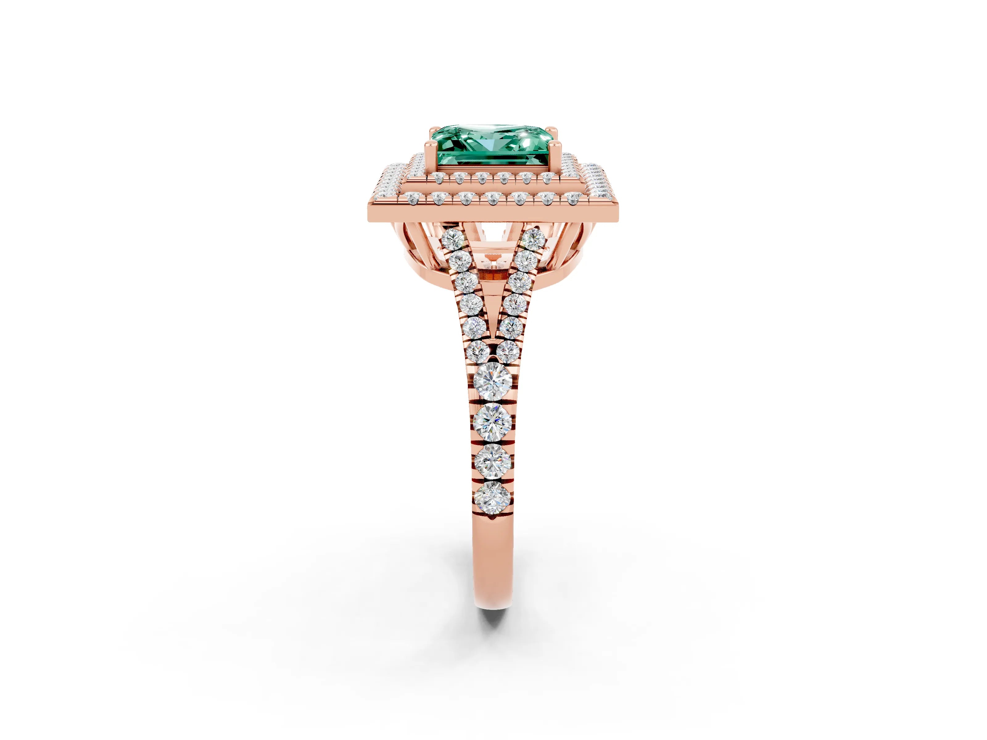 Rose gold Princess Cut Green Sapphire Double Halo Ring with Pavé Band and Prong Setting_14