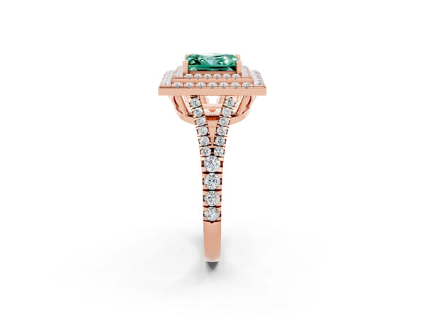 Rose gold Princess Cut Green Sapphire Double Halo Ring with Pavé Band and Prong Setting