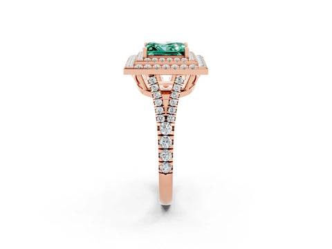 Rose gold Princess Cut Green Sapphire Double Halo Ring with Pavé Band and Prong Setting_14