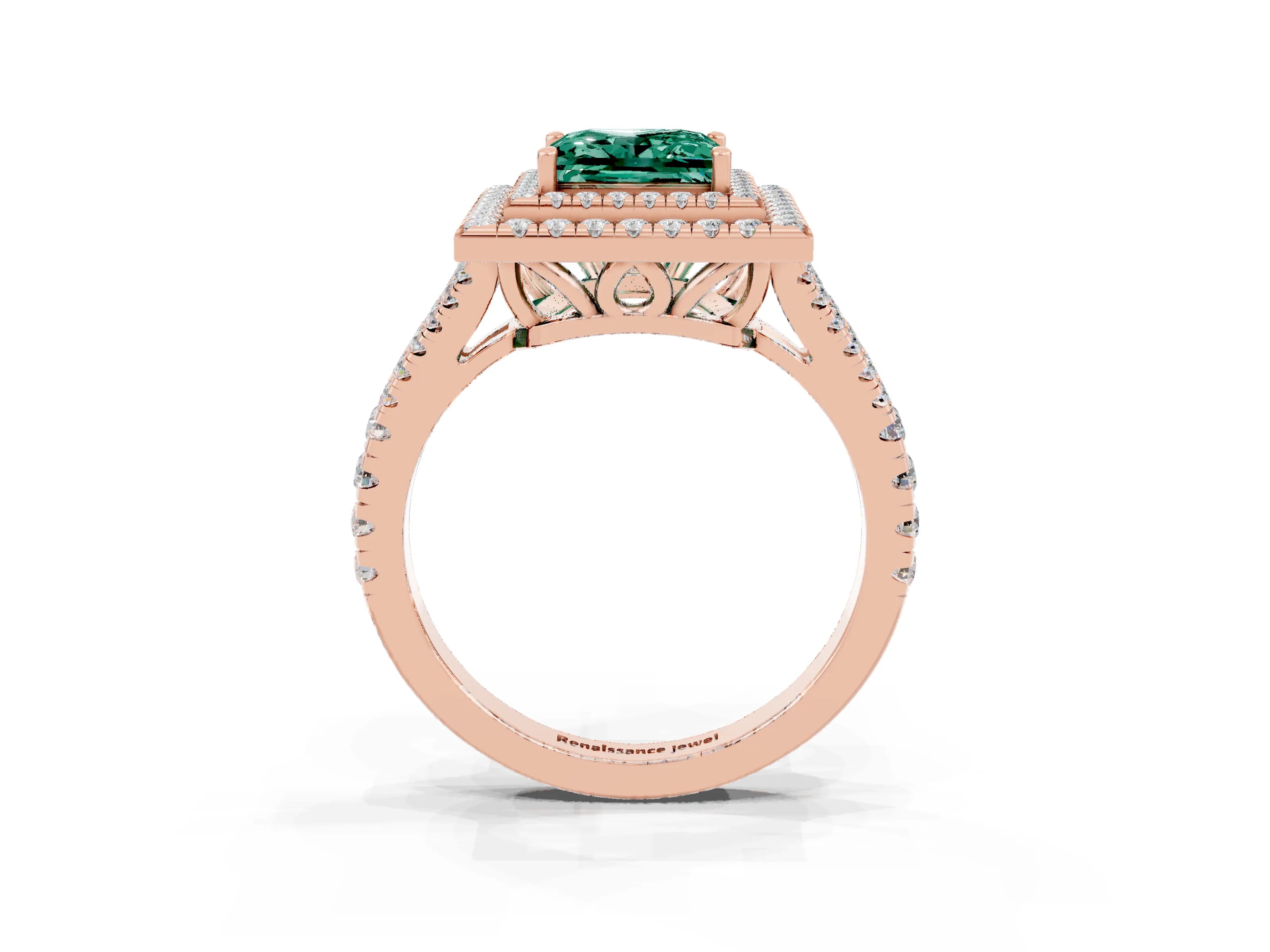 Rose gold Princess Cut Green Sapphire Double Halo Ring with Pavé Band and Prong Setting_15