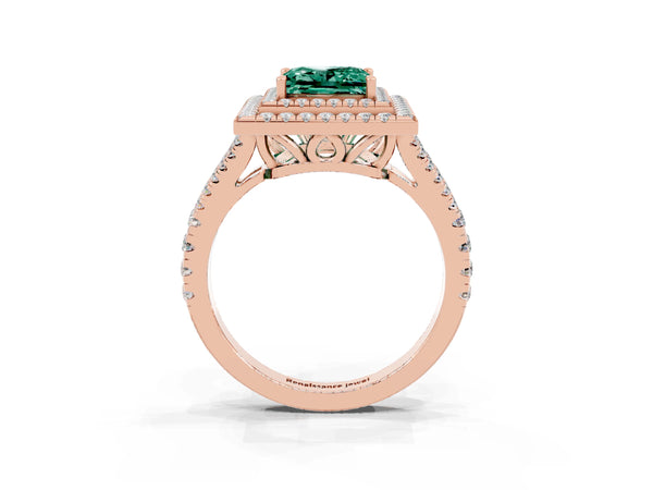 Rose gold Princess Cut Green Sapphire Double Halo Ring with Pavé Band and Prong Setting