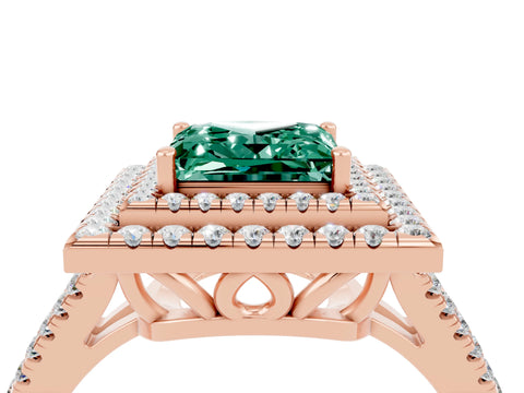 Rose gold Princess Cut Green Sapphire Double Halo Ring with Pavé Band and Prong Setting_16