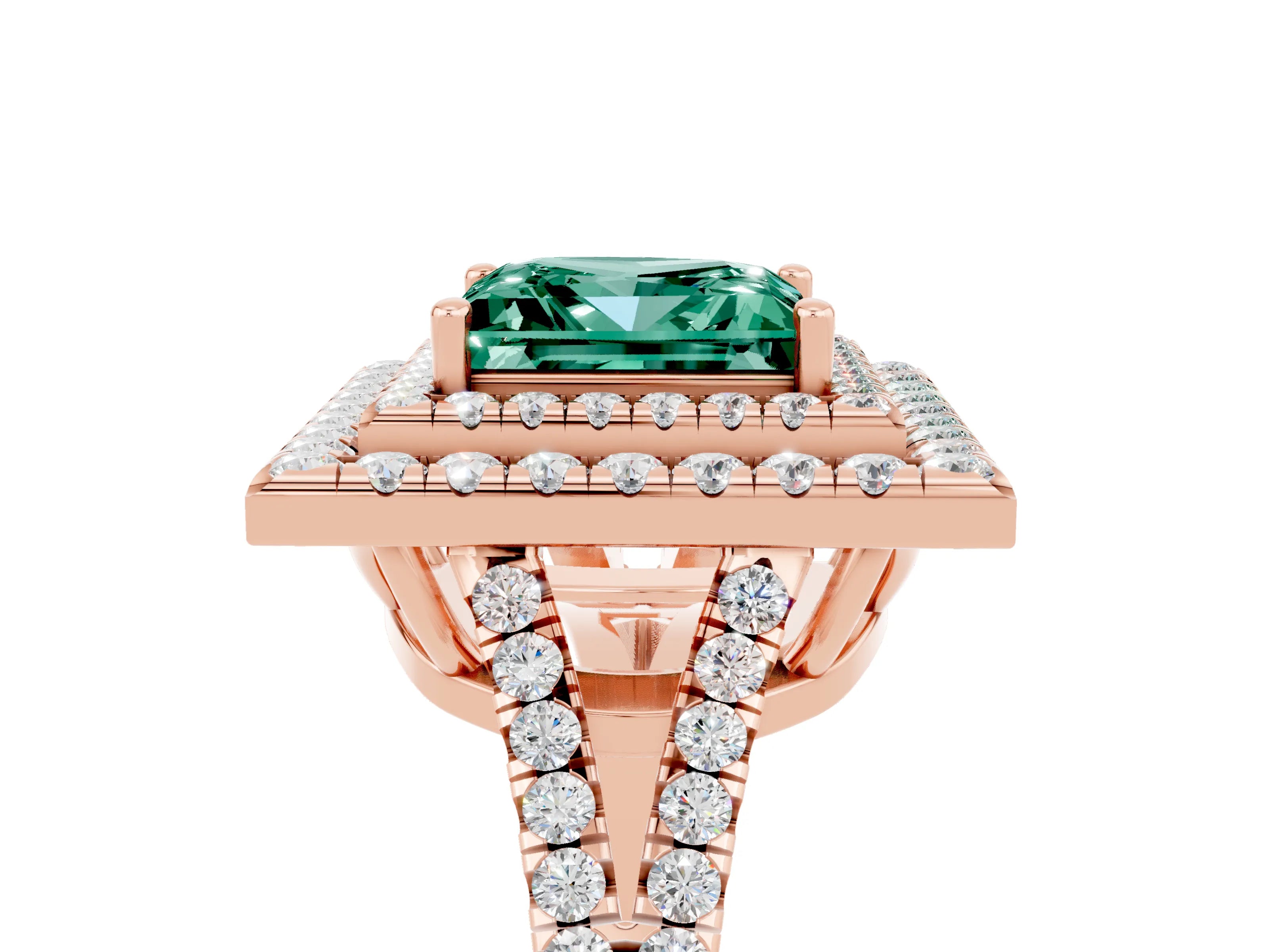 Rose gold Princess Cut Green Sapphire Double Halo Ring with Pavé Band and Prong Setting_17