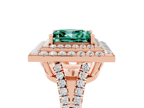 Rose gold Princess Cut Green Sapphire Double Halo Ring with Pavé Band and Prong Setting_17
